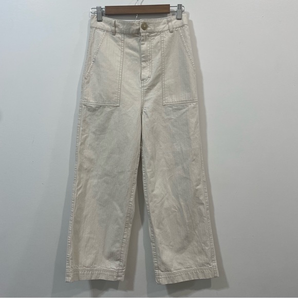 Free People Wide Leg Buckle Strap In Back Beige High Waist Carpenter Pant Size 4 - Picture 1 of 5